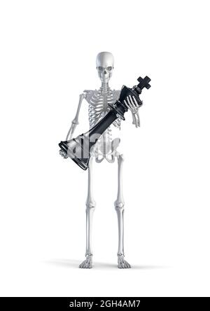 Scheletro del giocatore di scacchi - illustrazione 3D di figura di scheletro umano maschile che tiene grande pezzo nero re isolato su sfondo bianco studio Foto Stock