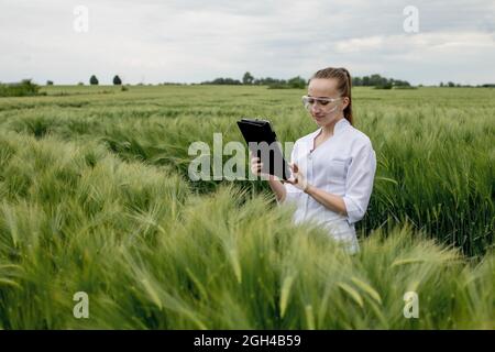 Giovane ecologista donna scienziata in occhiali in piedi in campo verde e lavorando su vetro schermo trasparente. Foto Stock