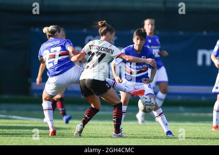 Stadio Riccardo Garrone, Bogliasco (GE), Italia, 04 settembre 2021, Stefania Tarenzi (Sampdoria), Linda Tucceri Cimini (Milano), Bianca Fallico (Sampd Foto Stock