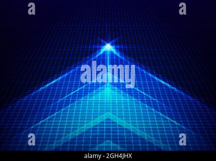 Tecnologia astratta che illumina la freccia blu in avanti con l'illuminazione e la griglia a linee su sfondo blu. Illustrazione vettoriale Illustrazione Vettoriale