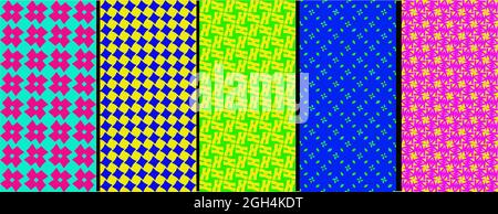 Set di sfondi colorati e luminosi con etichette minimal moderne. Cute texture astratte. Ripetizione di forme astratte multicolore. Illustrazione Vettoriale