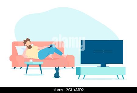 Vettore di un giovane uomo seduto sul divano e guardando la TV. Illustrazione Vettoriale