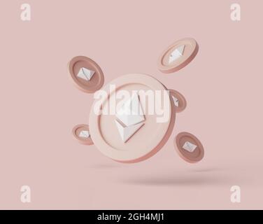 Criptovaluta le monete di Ethereum si levitano su sfondo pastello. illustrazione del rendering 3d con luci soffuse. Oggetti isolati Foto Stock