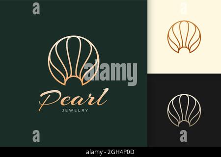 Il logo Pearl o Jewelry in lusso e di classe rappresenta la bellezza e la moda Illustrazione Vettoriale