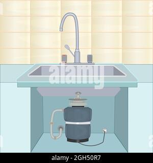 Disposatore di rifiuti alimentari montato sotto il lavandino della cucina. Dispositivo di smaltimento collegato alla presa elettrica. Smaltimento rifiuti domestici. Riciclaggio rifiuti organici.Zero Waste.Vector Illustrazione Vettoriale