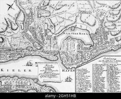 Deatil della mappa storica della città di Kiel e dei campi circostanti nel 1793, scala misura in ruthen, illustrazione, Schleswig-Holstein, Germania settentrionale Foto Stock