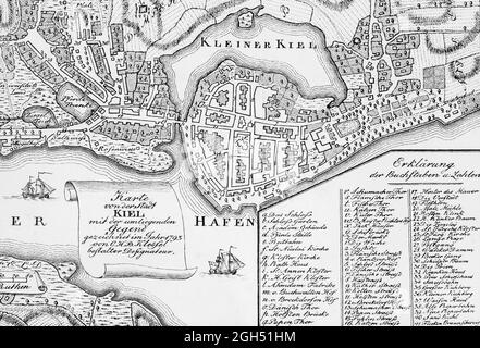 Mappa storica della città di Kiel e dei campi circostanti nel 1793, scala in ruthen, illustrazione, Schleswig-Holstein, Germania settentrionale, Foto Stock