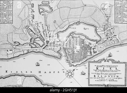 Mappa storica di Kiel o Kilonium a circa 1800, residenza Dukale di Holstein-Gottorf, illustrazione , Schleswig-Holstein, Germania settentrionale, Foto Stock