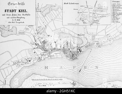 Mappa storica della città di Kiel, del castello e del porto e dei terreni circostanti di Kiel, illustrazione, Schleswig-Holstein, Germania settentrionale, Foto Stock