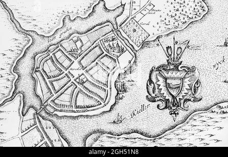 Dettaglio mappa hstoric della città di Kiel e Castello Kiel o Kiell nel 1652, giardini del castello e quartiere Brunswik, illustrazione, Schleswig-Holstein, Germania settentrionale Foto Stock