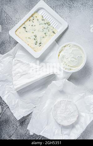Varietà di formaggi su tavola da cucina, brie, Camembert, Gorgonzola e formaggio cremoso blu. Sfondo bianco. Vista dall'alto Foto Stock