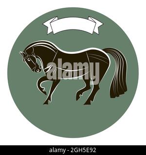 Cavallo da corsa di purosangue. Silhouette a cavallo isolata su sfondo verde circolare. Contorno bianco e nero mustang. Striscione a nastro sullo stallone. Equestre Illustrazione Vettoriale