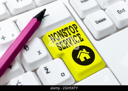 Testo che mostra Inspiration Nonstop Service. Servizio Internet Concept disponibile in qualsiasi momento e di solito ogni giorno digitando Online Network Protocols Foto Stock