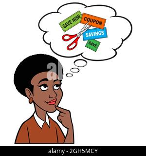 Donna che pensa a Coupons - Un'illustrazione cartoon di una donna che pensa a Coupons per il prossimo viaggio di shopping. Illustrazione Vettoriale