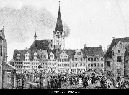 Vista della Piazza del mercato del 1790 nella città storica Kiel sul Mar Baltico, incisione 1899, Kiel, Kiel Fjord, Schleswig-Holstein, Germania settentrionale, Foto Stock