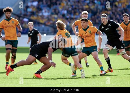 Perth, Australia, 5 Settembre, 2021. Tate McDermott dei Wallabies è affrontato durante il campionato di rugby e la partita di Bledisloe Cup tra i Wallabies australiani e la Nuova Zelanda tutti neri. Credit: Graham Conaty/Speed Media/Alamy Live News Foto Stock