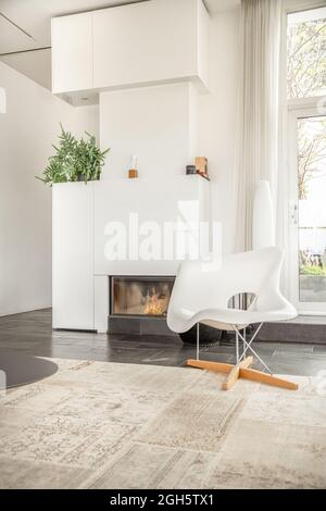 Sedia bianca posta su tappeto vicino al camino con piante decorative in moderna casa luminosa Foto Stock