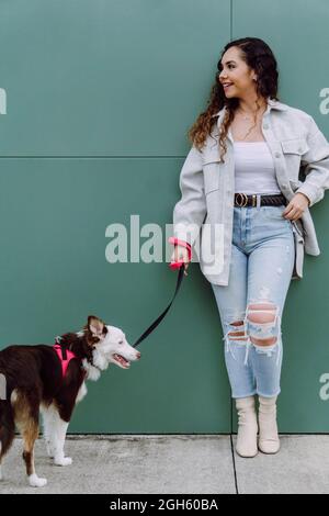 Crop irriconoscibile donna proprietario che squatting vicino al muro con adorabile e soffice collie bordo cane al guinzaglio durante la passeggiata in strada della città Foto Stock