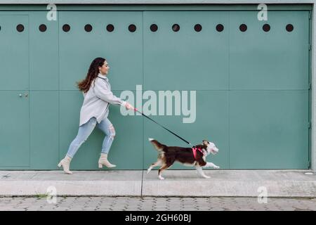 Vista laterale della padrona di casa che corre con il cane Collie confine al guinzaglio mentre si diverte durante la passeggiata in città Foto Stock