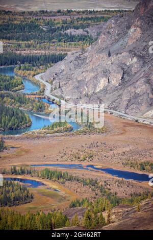 Paesaggio altopiano autunnale. Altai fiume Chuya circondato da montagne. Larici di colore giallo autunno. Altai, Siberia, Russia. Foto Stock