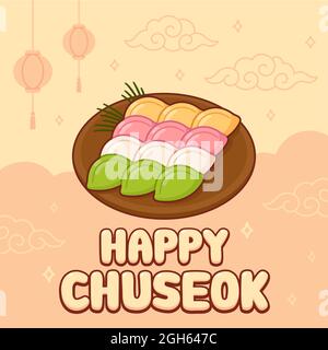 Happy Chuseok, festa d'autunno coreana, festa del raccolto. Carino cartoon biglietto d'auguri con torte di riso Songpyeon. Illustrazione grafica della clip vettoriale. Illustrazione Vettoriale