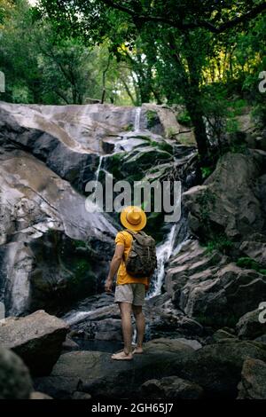 Vista posteriore dell'irriconoscibile escursionista maschile in piedi sul masso e ammirando la cascata nella foresta Foto Stock