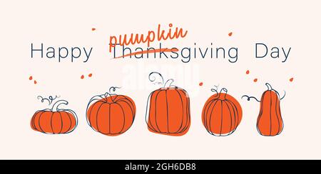 Felice giorno del Ringraziamento carino biglietto di auguri. Pumpkins di disegno a mano di forme diverse. E la giornata della zucca nel mese di ottobre. Illustrazione Vettoriale