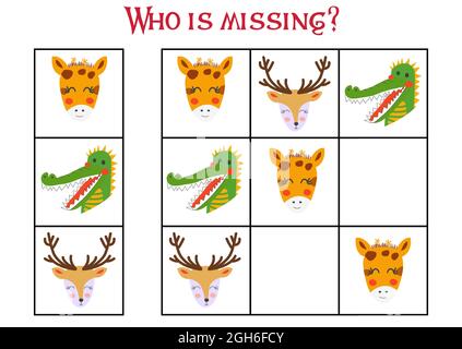 Gioco Sudoku per bambini con immagini. Foglio attività bambini. Carino animali africani muso Illustrazione Vettoriale