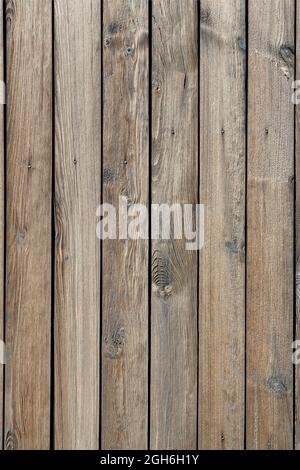 Una recinzione in legno con una marcata tessitura annodata, un fondo naturale di legno non dipinto con una superficie ruvida. Alta risoluzione. Immagine verticale. Foto Stock
