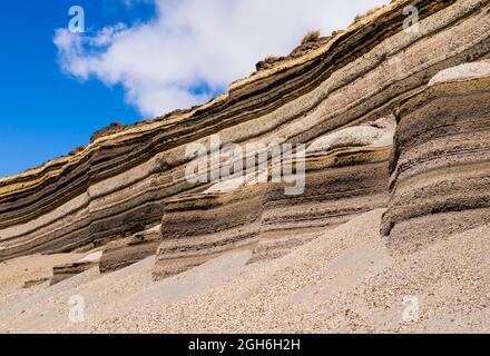 Splendide formazioni geologiche realizzate con colorati strati piroclastici sulle pendici del parco nazionale di Chimborazo, Ecuador Foto Stock