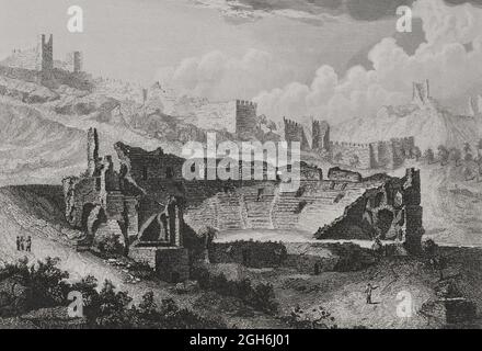 Spagna. Città romana di Sagunto. Vista delle rovine del teatro romano, costruito intorno al 50 d.C. ai piedi della montagna coronata dal castello. Incisione di Antonio Roca. Las Glorias Nacionales. Volume i, edizione Madrid-Barcellona, 1852. Foto Stock