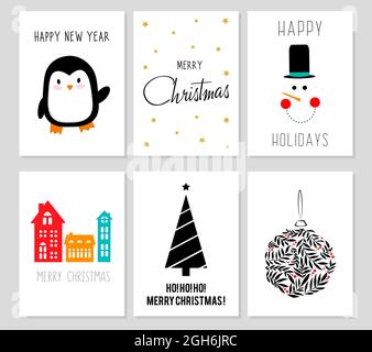 Carte di Natale verticali decorate con albero di Capodanno, case, pinguino, palla di Natale, giocattolo, snowman. Set di 6 poster di Natale. Modello vettoriale per Illustrazione Vettoriale