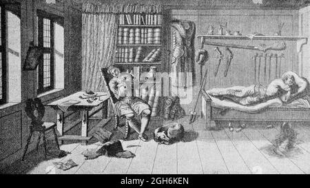 Studenti universitari pigri, scene della vita accademica nel 1725, incisione storica del 1899, Kiel, Schleswig-Holstein, Germania settentrionale, Foto Stock