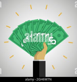 Businessman mano che tiene un sacco di bollette in dollari Illustrazione Vettoriale