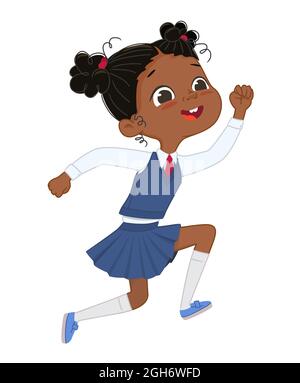 Adorabile pelle scura divertente schoolgirl in esecuzione uniforme salto gioire vacanza pausa vettore illustrazione piatta. Felice Asian African baby girl Illustrazione Vettoriale