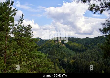 USTEK, REPUBBLICA CECA - 29 AGOSTO 2021: Foreste verdi con le rovine del castello di Helfenburk Foto Stock