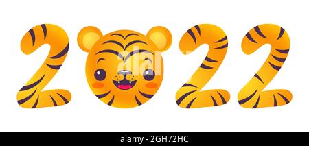 Emblema vettoriale per il nuovo anno del 2022 con testa di tigre. Stampa vintage per t-shirt di tigre kawaii per 2022 anni. Illustrazione Vettoriale