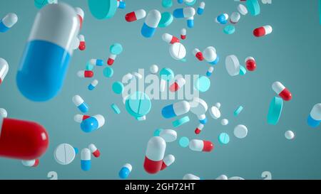 Pillole colorate e la caduta della capsula. Illustrazione 3D di Drugs Fall, su sfondo chiaro. Concetto di business farmaceutico e della medicina. Foto Stock