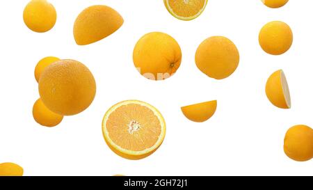 Le arance cadono nello spazio. Isolato su sfondo bianco. Foto Stock