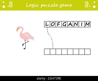 Gioco di puzzle di logica. Imparare le parole flamingo in inglese. Trovare il nome nascosto. Pagina attività per lo studio dell'inglese. Gioco per bambini. Illustrazione Vettoriale