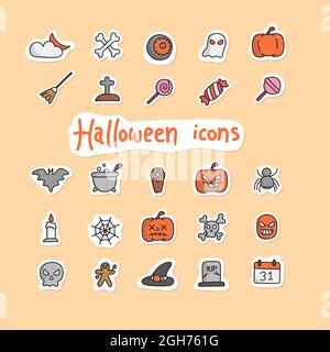 Icona colorata di Halloween in stile adesivo immagine vettoriale isolato su sfondo giallo. Illustrazione Vettoriale