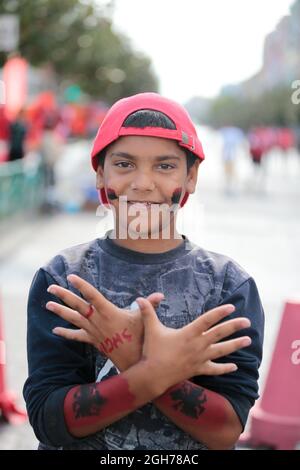 Albania. 05 settembre 2021. Tifosi albanesi durante la Coppa del mondo FIFA Qualifiers , Qatar 2022, partita di calcio tra le squadre nazionali di Albania e Ungheria il 05 settembre 2021 a Elbasan Arena - Albania - Foto Nderim Kaceli Credit: Independent Photo Agency/Alamy Live News Foto Stock