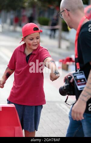 Albania. 05 settembre 2021. Tifosi albanesi durante la Coppa del mondo FIFA Qualifiers , Qatar 2022, partita di calcio tra le squadre nazionali di Albania e Ungheria il 05 settembre 2021 a Elbasan Arena - Albania - Foto Nderim Kaceli Credit: Independent Photo Agency/Alamy Live News Foto Stock