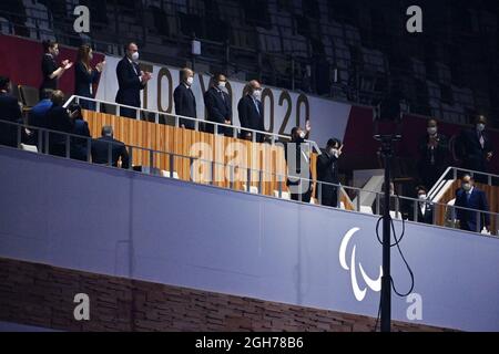 Crown Prince Akishino, Seiko Hashimoto, primo ministro Yoshihide Suga, 5 SETTEMBRE 2021 : Tokyo 2020 cerimonia di chiusura dei Giochi Paralimpici allo Stadio Olimpico di Tokyo, Giappone. Credit: MATSUO.K/AFLO SPORT/Alamy Live News Foto Stock