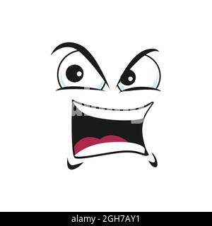 Grumpy sullen emoji, ireful o emoticon Rageful icona isolata. Vettore irritato smiley arrabbiato di cattivo umore, emoji con sopracciglia in su. Emozione sconvolto, ira Illustrazione Vettoriale