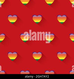 Motivo senza cuciture di cuore lucido arcobaleno su sfondo rosso, il concetto per il design motivo LGBT. Foto Stock