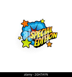 Adesivo halftone punteggiato boom esplosione bang burst, fumetto etichetta edizione speciale. Edizione limitata vettoriale di rivista, giornale o dizionario, ency Illustrazione Vettoriale