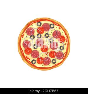 Pizza, fast food pizzeria menu icona, vettoriale isolato cucina italiana ristorante e pasti fast food. Pizza italiana con salame o peperoni Mexicana sp Illustrazione Vettoriale