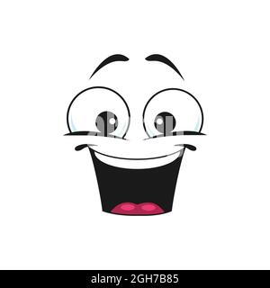 Felice viso cartoon con ampio sorriso, emoji viso eccitato. Divertente emozione vettoriale. Viso fumetto con bocca sorridente e occhi rotondi isolati su bianco Illustrazione Vettoriale