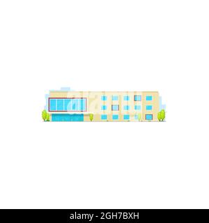 Edificio scolastico, università o icona universitaria, casa di istruzione, vettore isolato appartamento. Edificio scolastico pubblico superiore o elementare, scuola o accademia Illustrazione Vettoriale